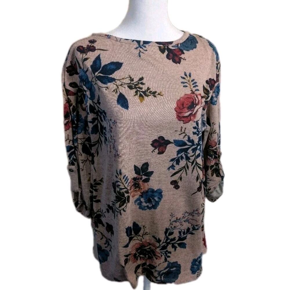 Lane Bryant Top Tunic Shirt Women's Size 14-16 XL Floral Lattice Tab Sleeve EUC
